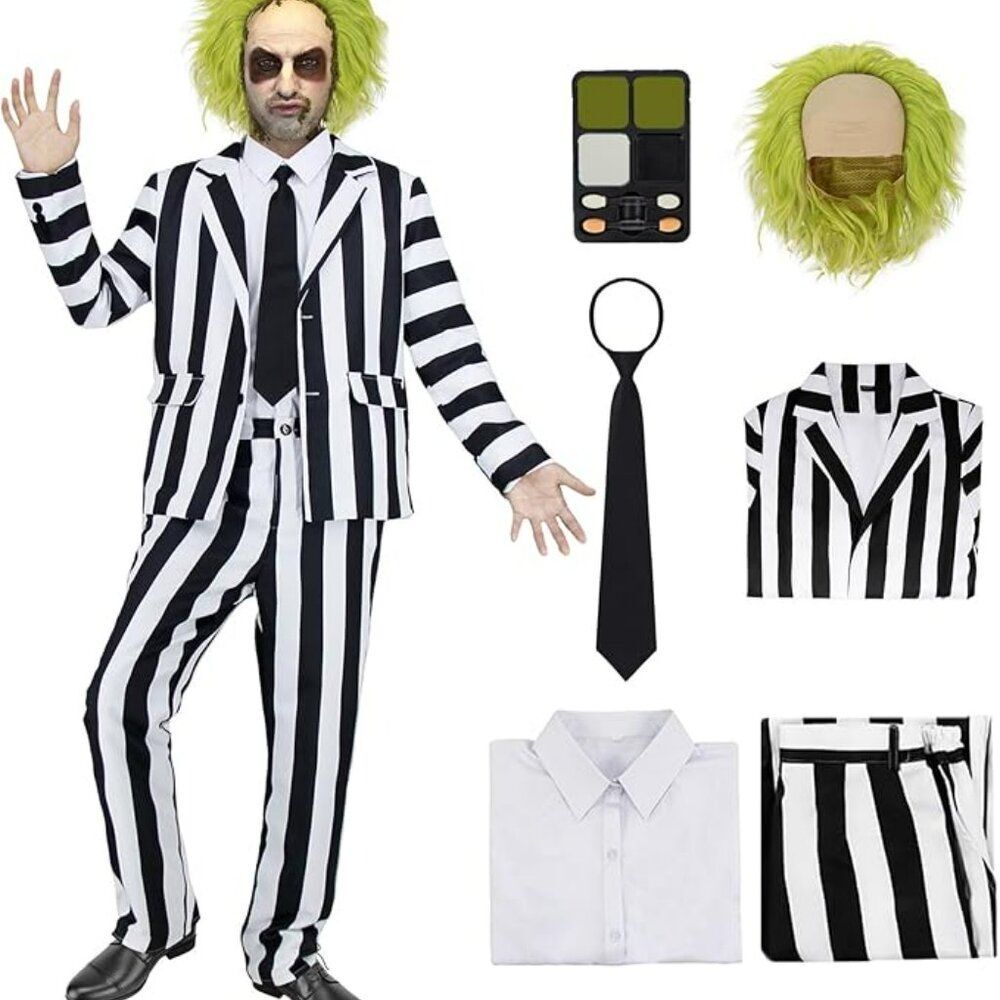 7 Pc Horror Movie Costume Men Black and White Striped Suit Adult Horror Sz M NIP